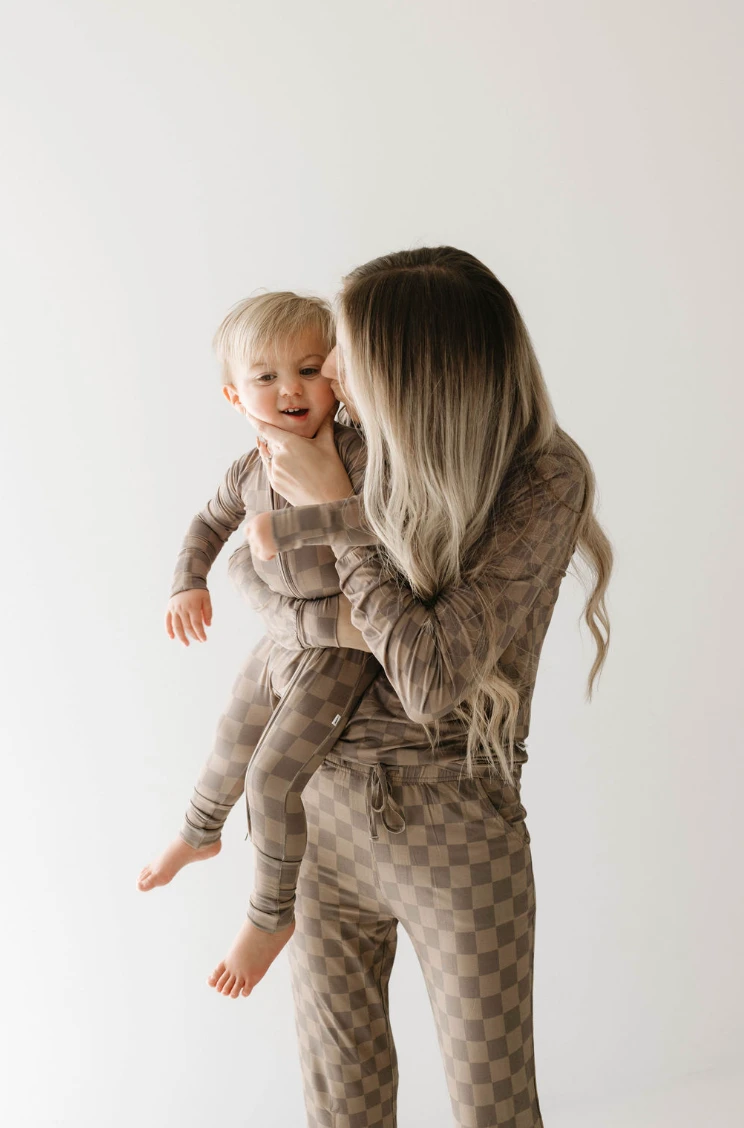 Faded Brown Checkerboard | Bamboo Zip Pajamas - Image 5