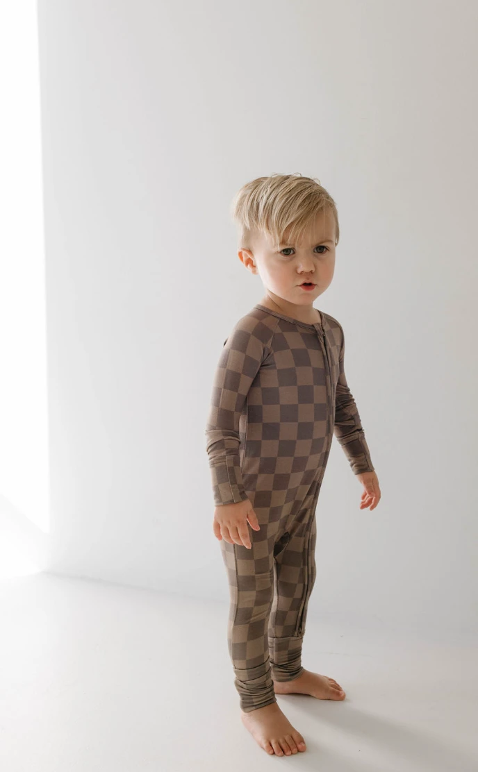 Faded Brown Checkerboard | Bamboo Zip Pajamas - Image 2